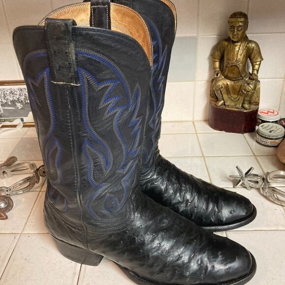 Custom Shop Black & Blue FULL QUILL Leather Western Cowboy Boots 10E Vintage USA main image 6